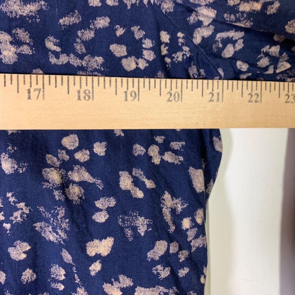 Gap Navy Blue Tan Abstract Print Shirred Popover Cotton Blouse Medium Church - Picture 7 of 10